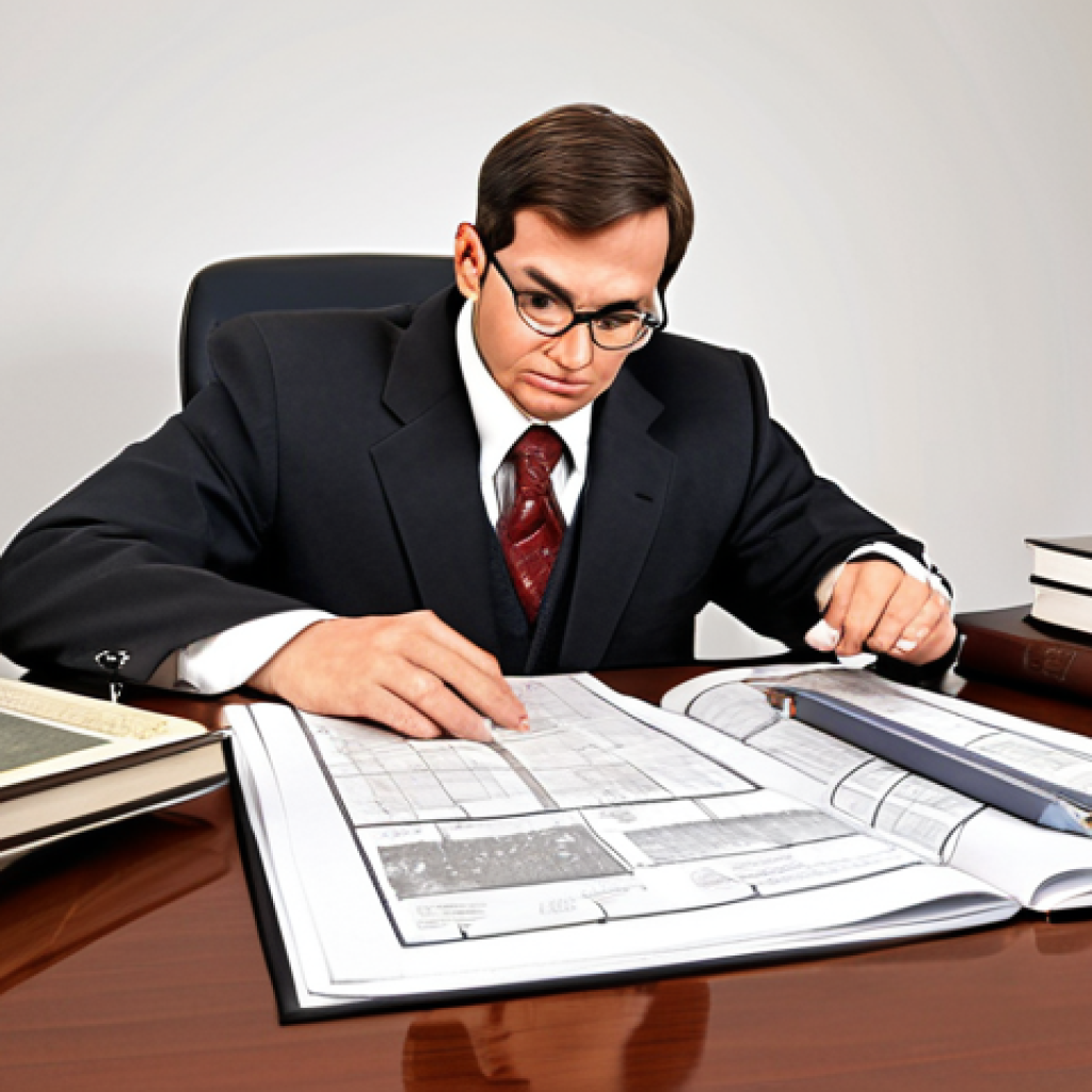 **Image of a Patent Attorney at Work**: Create an illustration of a professional patent attorney sitting at a desk, reviewing a detailed patent application with blueprints and documents spread out. The setting should convey a sense of expertise and focus, with books on intellectual property law in the background.