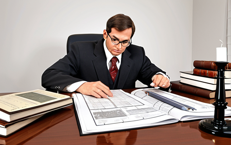 **Image of a Patent Attorney at Work**: Create an illustration of a professional patent attorney sitting at a desk, reviewing a detailed patent application with blueprints and documents spread out. The setting should convey a sense of expertise and focus, with books on intellectual property law in the background.