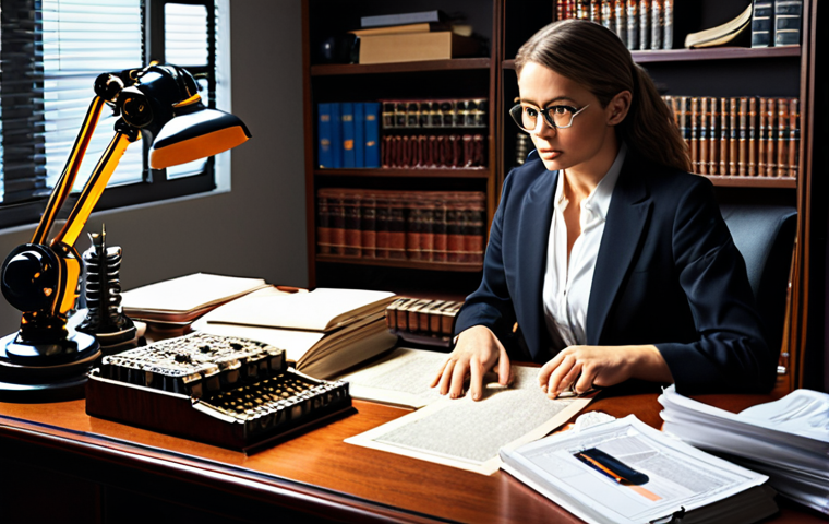 **Image Prompt:** A busy patent attorney's desk overflowing with documents, law books, and high-tech gadgets. Include elements like robotic arms, circuit boards, and glowing AI interfaces. The atmosphere is intense, but also hints at strategic thinking and problem-solving. Style: hyperrealistic, detailed.